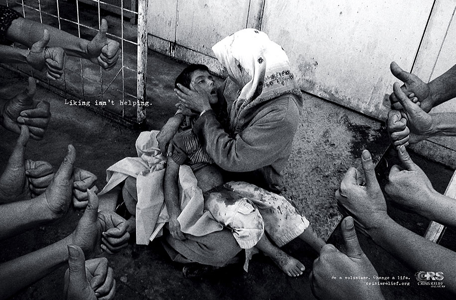 Διαφήμιση με τίτλο ’Liking isn't helping’ (Crisis Relief Singapore) © Agency: Publicis, Singapore 