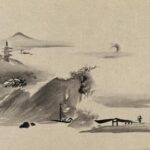 A misty mountain view. Watercolour painting on paper by a Chinese artist