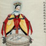Zi Sunliang, a Chinese goddess, with two babies bathing in front of her. Watercolour, China, 18–